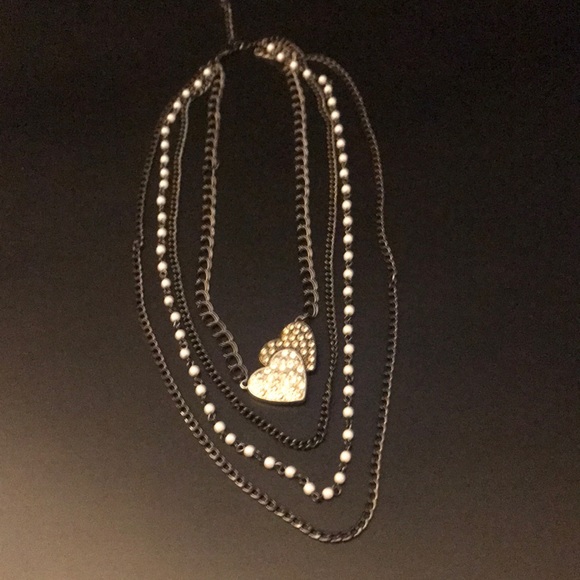 Guess Jewelry - Vintage Guess Layered Heart Necklace - Black with Pearl & Rhinestone ❤️🔥❤️🔥